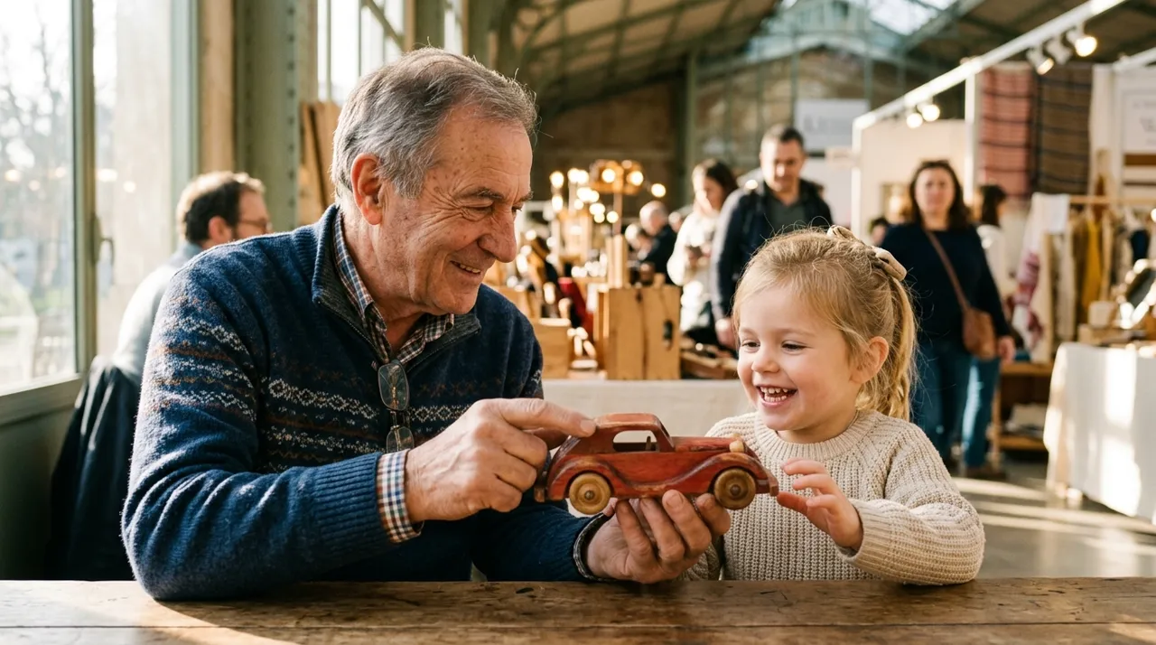 Partage intergénérationnel autour d'un jouet traditionnel en bois